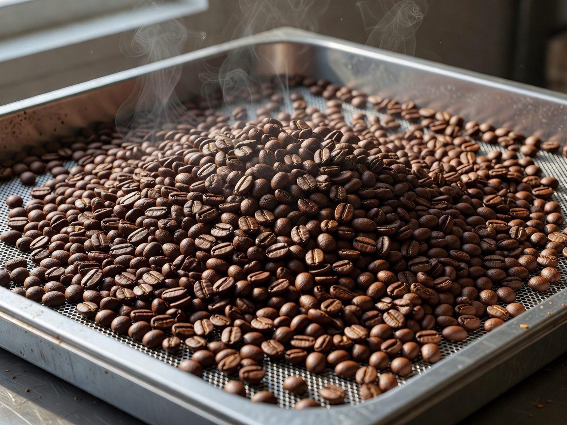 Freshly roasted specialty coffee beans cooling in a tray