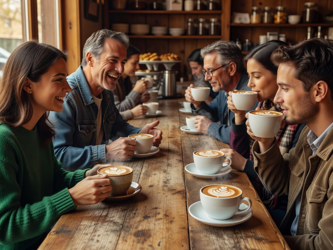 People sitting at a wooden café counter enjoying cappuccino
