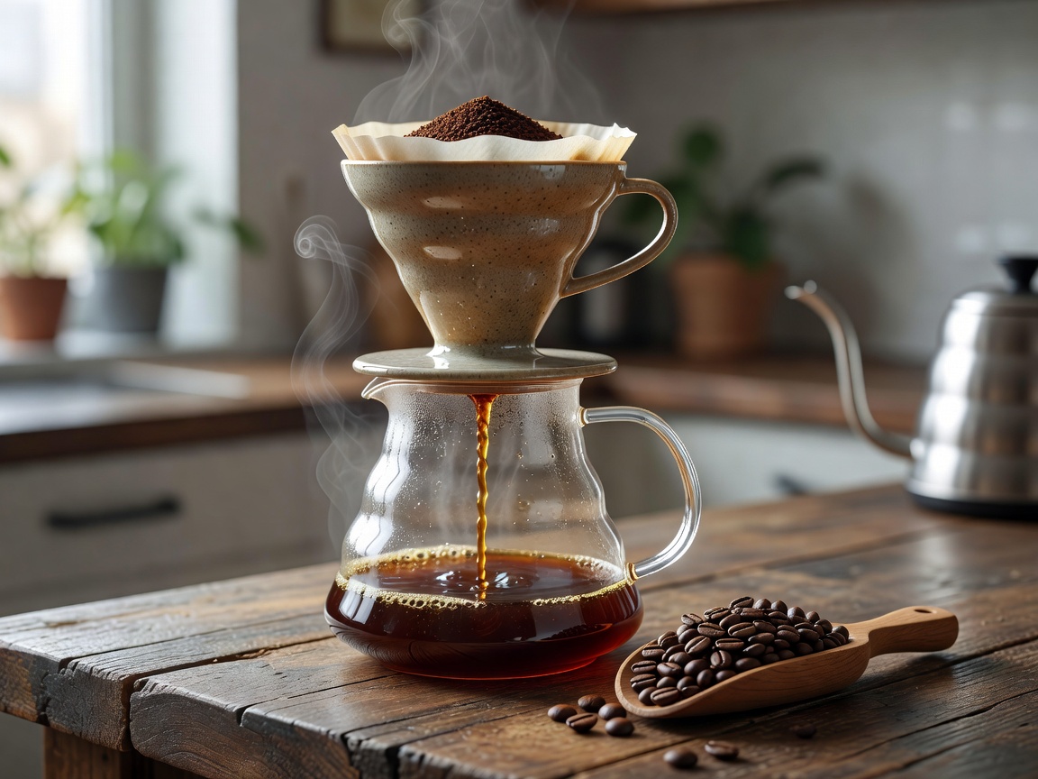 Pour over coffee dripper with steaming fresh brew