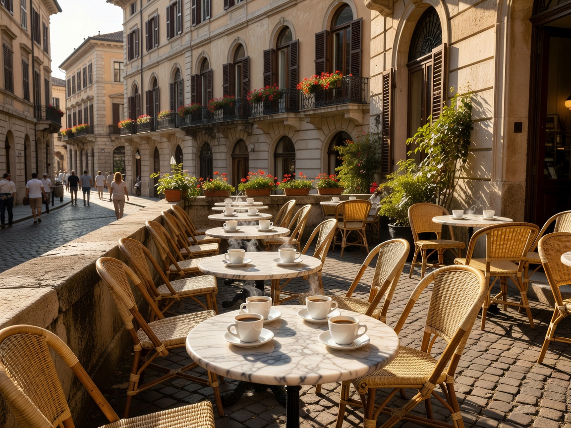 Sunlit European café terrace with espresso cups