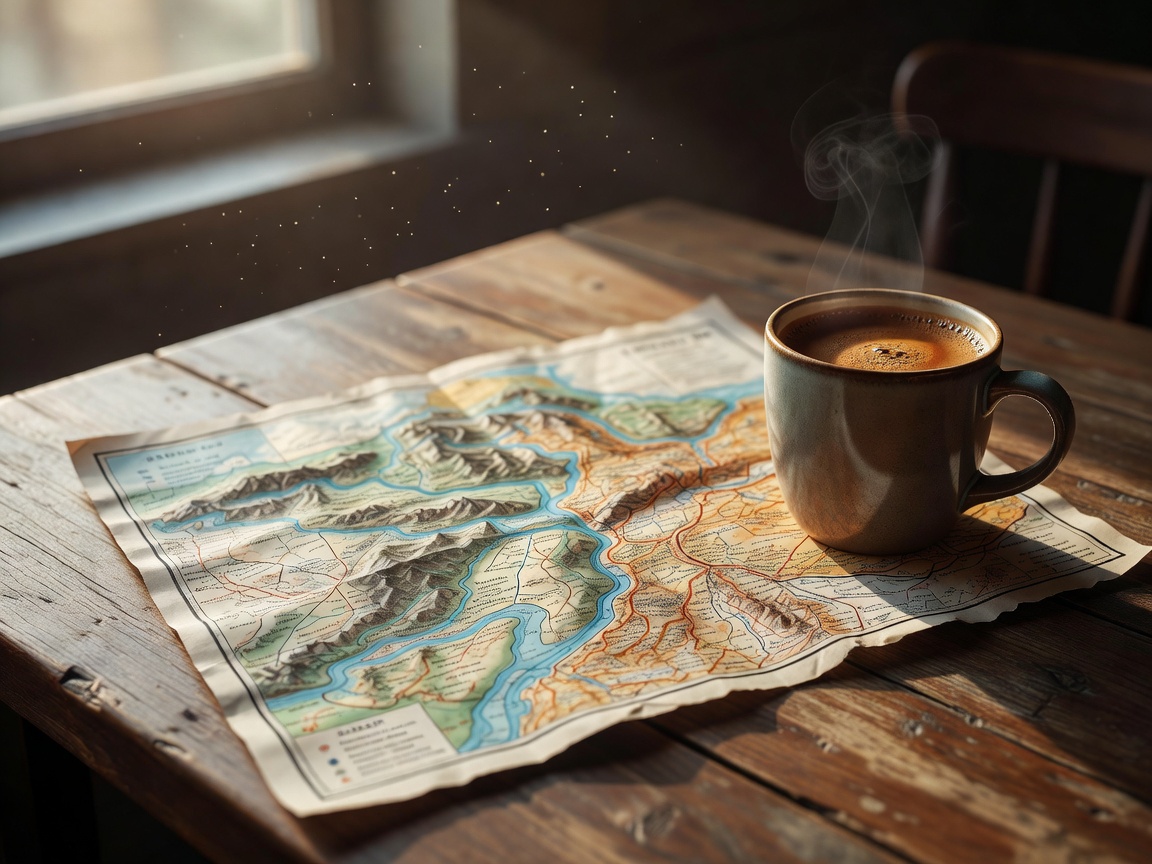 Travel map on a café table next to a warm cup of coffee